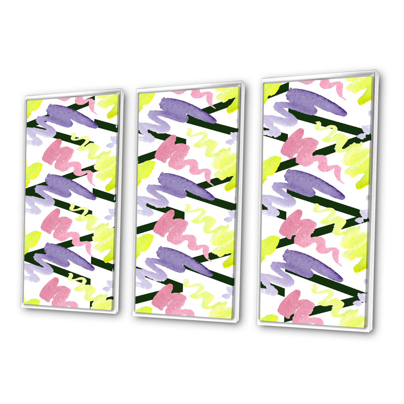 «Yellow Purpule» et «Zig Zag» rose abstraite - reproduction de cadre flottant sur toile 3 pièces, H 20 po x l 36 po x P 1 po
