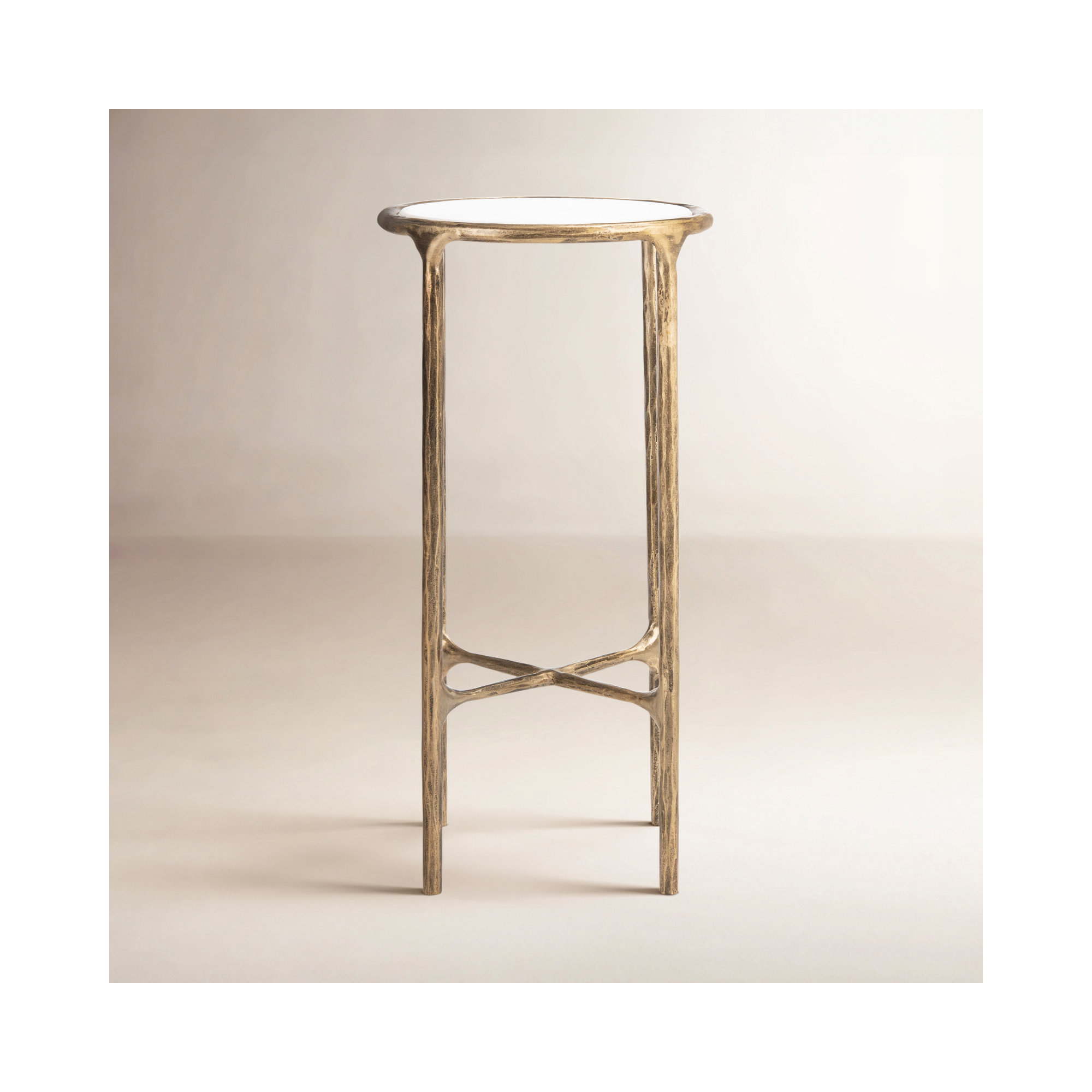 Evelynn Glass Cross Legs End Table, White Marble Top/Brass Base