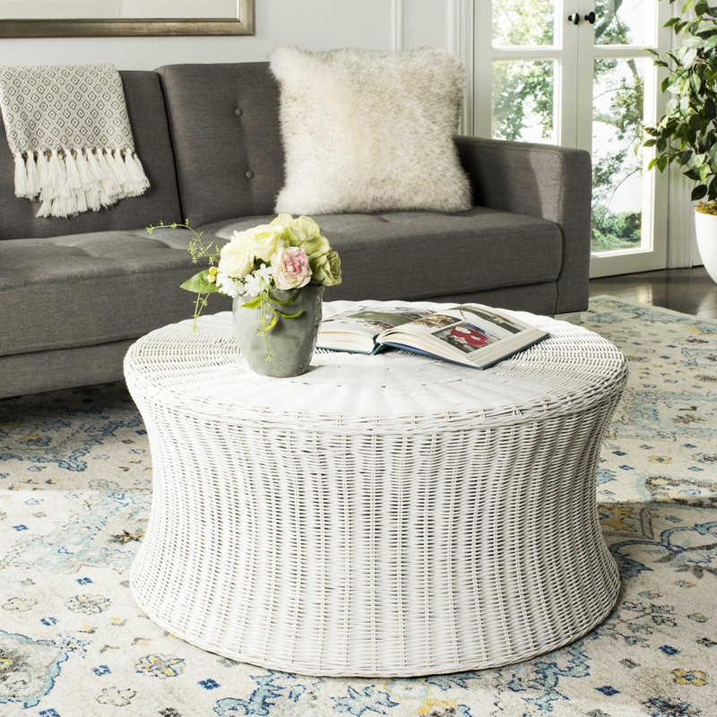 Modern Tillerson Natural Rattan Coffee Table – 32.5" Square Transitional Nautical Style with Storage, White