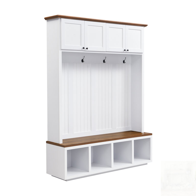 Entryway Hall Tree With Bench And Storage, Farmhouse Wood-Grain Accent For Organized Living, White