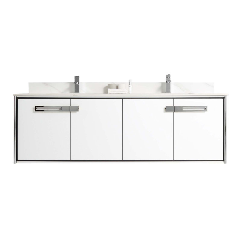 Meuble-lavabo double l 72 po x P 20,06 po x H 23,25 po, Chrome poli, Blanc mat