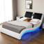 Structure de grand lit, plateforme rembourrée en similicuir avec éclairage à DEL, pour la musique, massage par vibration, conception en courbe, support à lattes de bois, sans sommier, blanc, lumières d'ambiance, charge, 600 lb-1931960818