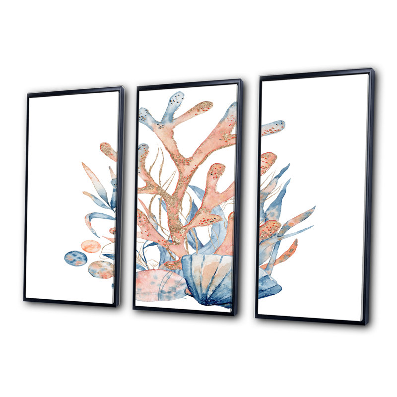 Bouquet de fleurs sous-marines avec coraux et coquillages - Impression sur toile flottante 3 pièces, Noir, noir, noir, noir