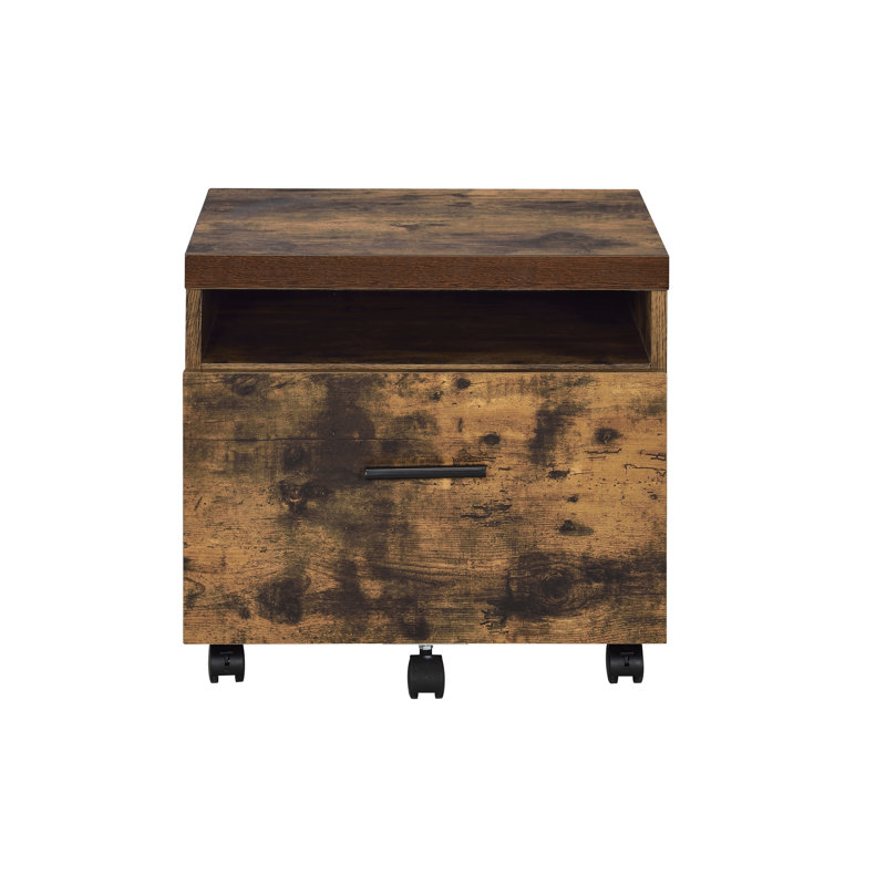 Classeur S en chêne vieilli et noir - assemblé, rectangulaire, plateau en bois, verrous et pieds en métal, compartiment verrouillé avec rangement, tiroir ouvert 1