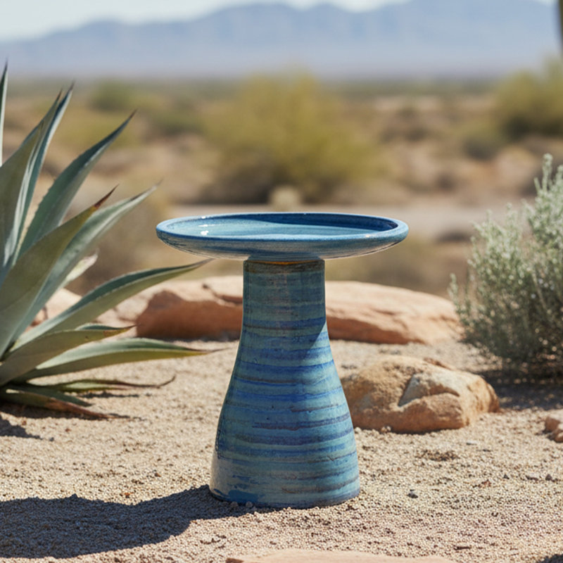 Élégant bain d'oiseaux en céramique pour l'extérieur - résistant aux rayons UV et au gel, Bleu