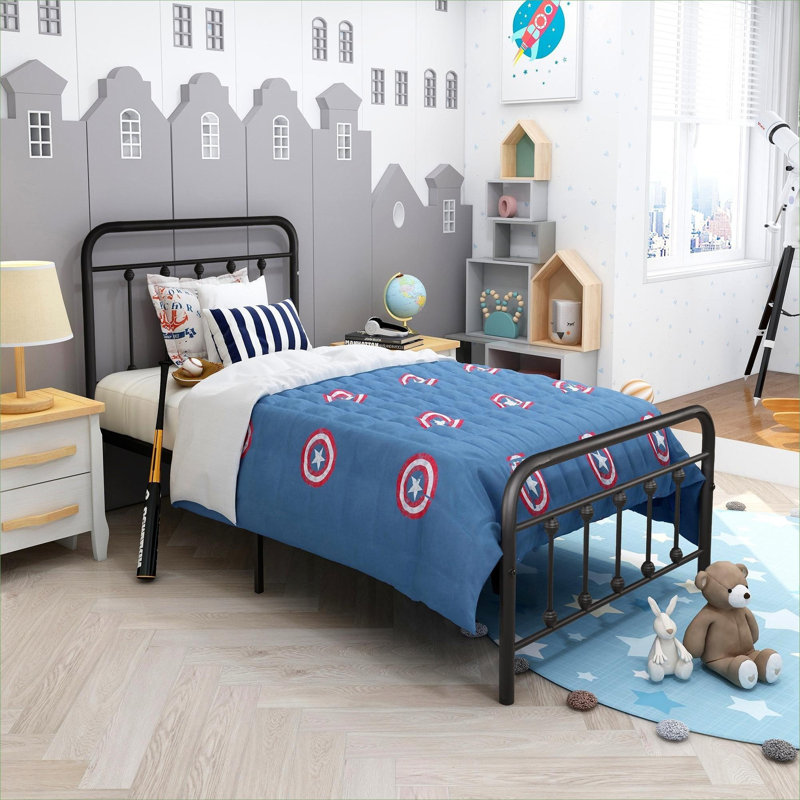 Matte black metal platform bed with under-bed storage for twin size bedroom use, Victorian style frame that requires no box spring