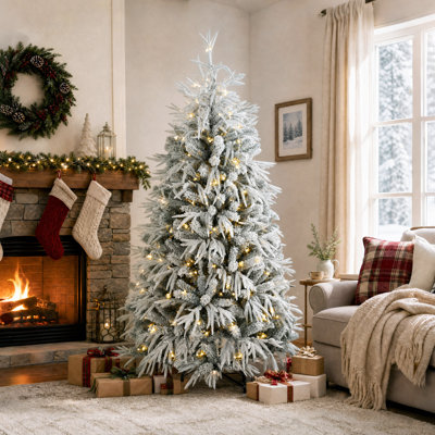 Sapin de Noël pré-illuminé de 1,80 m, sapin floqué, vert et blanc