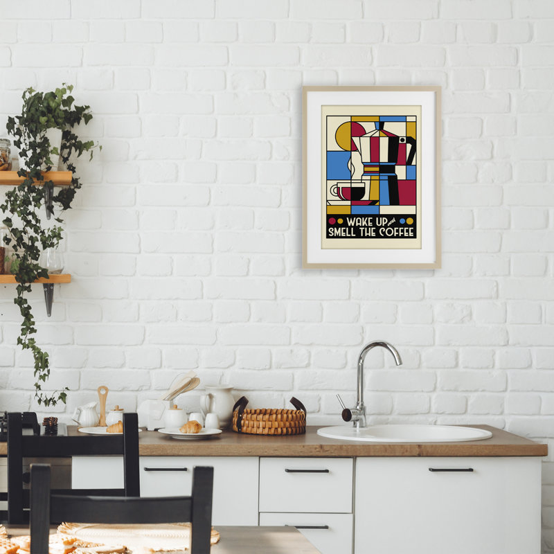 Impression rétro sous verre «Wake Up & Smell Coffee» par Tobe Fonseca, H 20 po x l 14 po, Cadre de récolte en pin