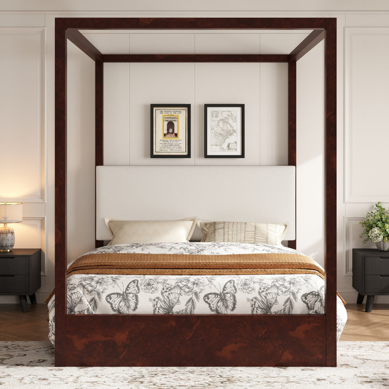Lit plateforme à baldaquin avec tête de lit tapissier et structure en bois Sophia, Espresso, Queen