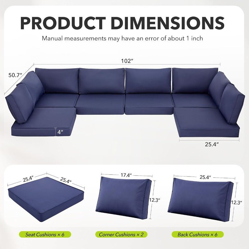 Ensemble de 14 coussins de mobilier de patio, coussins d'extérieur de remplacement, Bleu