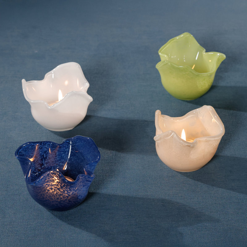 Wavy Bowl Glass Tealight Candle Holders, Set of 2, Cream