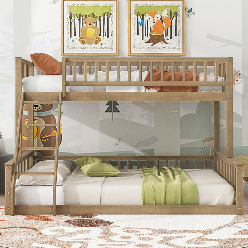 Bunk Bed With Ladder And Guardrails, Walnut, Twin XL Over Queen