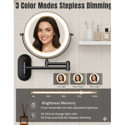 30X/1X Wall Mounted Lighted Makeup Mirror, 8'' Double Sided Rechargeable Magnifying Bathroom Mirror With Light, 3 Color Lights Touch Dimmable Extended Arm 360 Rotation Light Up Mirrors