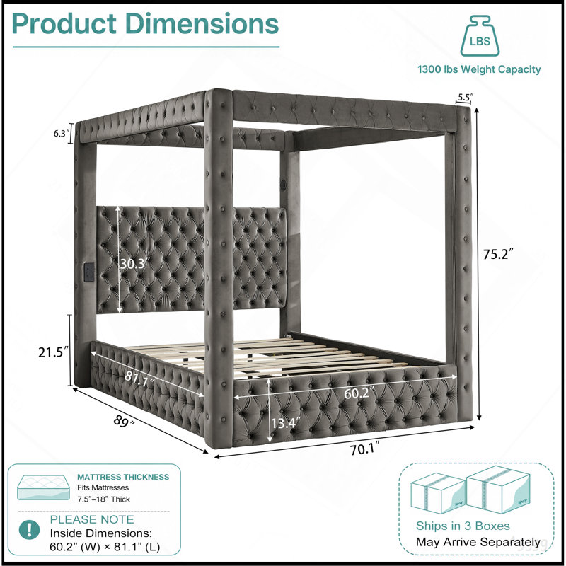 Structure de lit à baldaquin grand lit, lit plateforme tapissier en velours avec tête de lit capitonnée, haut-parleur Bluetooth intégré, ports de charge USB-A et USB-C, sommier robuste, gris