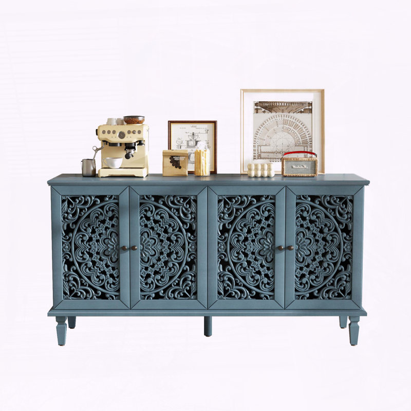 Buffet antique 60 "avec sculptures florales, Bleu antique