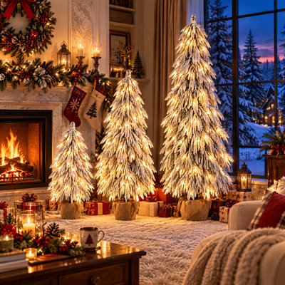 Sapin de Noël floqué préilluminé avec 235 lumières DEL blanc chaud et multicolores (paquet de 3)