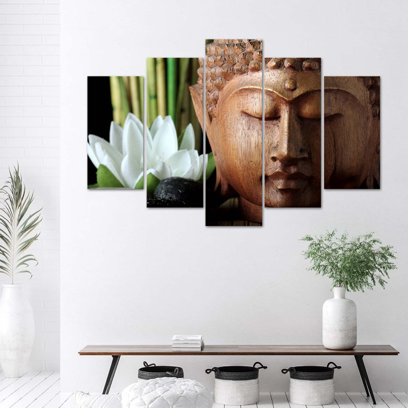 Buddha Bamboo Zen Nature - 5 Piece No Frame Print on Canvas, 100cm H x 200cm W