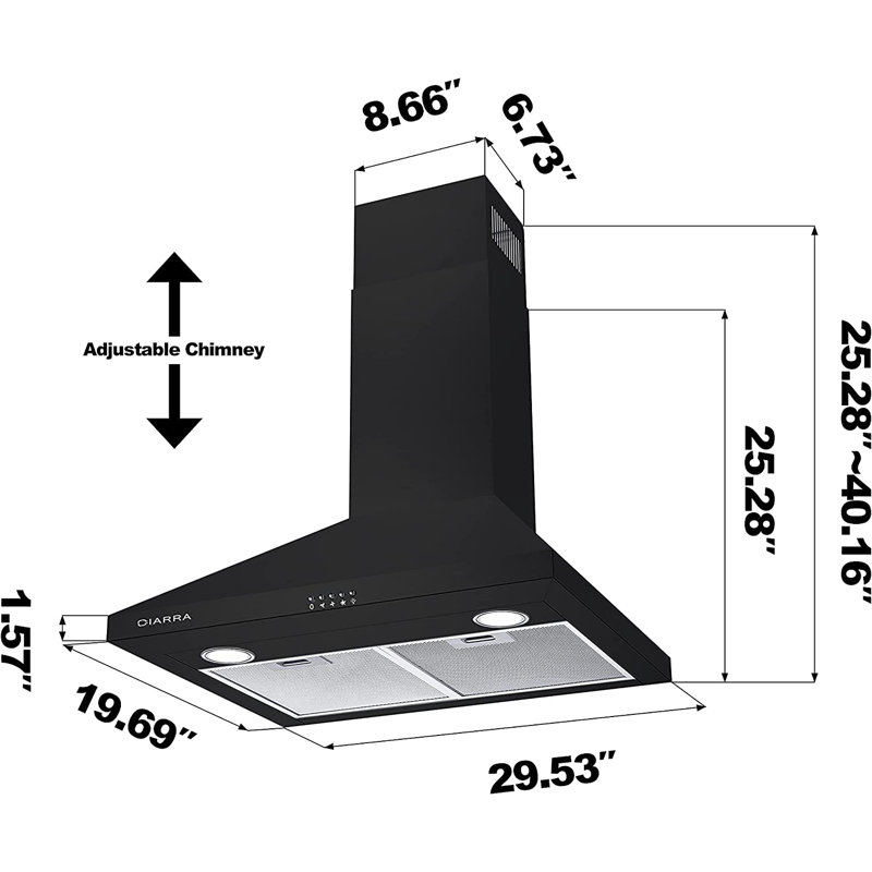 Hotte murale en acier inoxydable de 30 pouces de couleur noire avec changement de vitesse à 3 vitesses, filtre et éclairage DEL