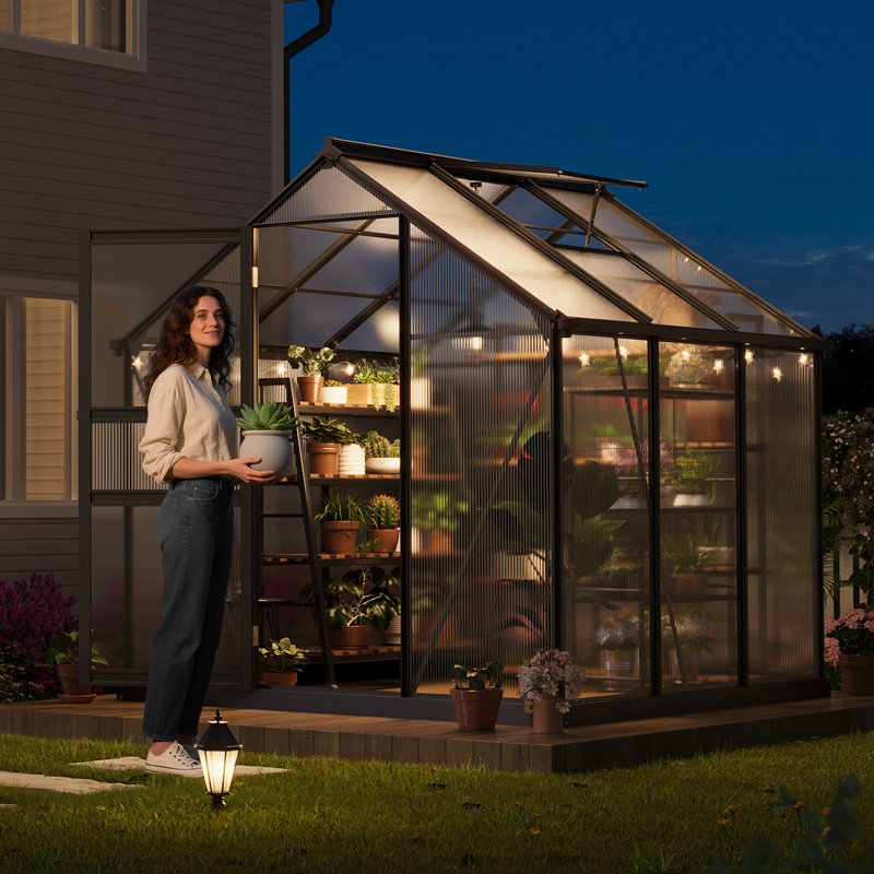 Serre robuste en polycarbonate de 6 pi x 6 pi pour jardin extérieur - Cadre en aluminium avec porte à charnière verrouillable, évent de toit, installation rapide, clous de sol, drainage - porte à charnière
