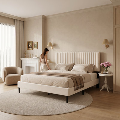 King Upholstered Platform Bed Frame with Adjustable Headboard/Vertical Channel Tufted Velvet Fabric/Wooden Slats Support/Mattress Foundation/Box Spring Optional