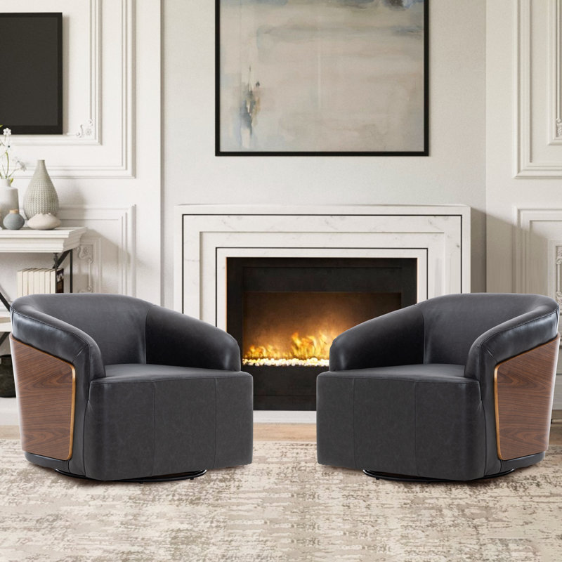 Genuine Leather Swivel Barrel Chair(Set Of 2), Vintage Black