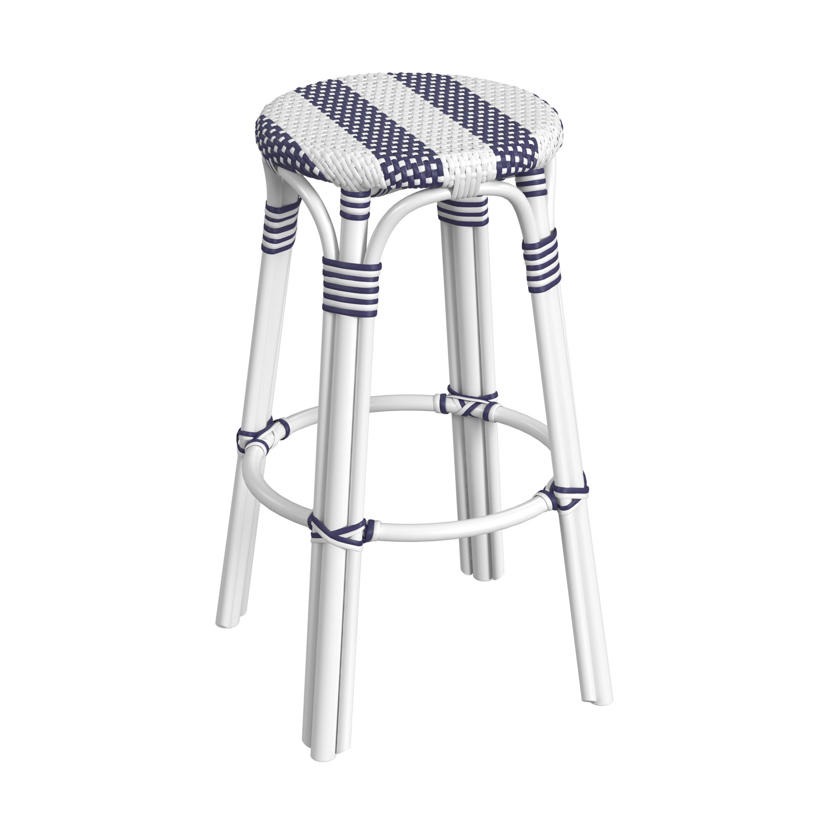 Alastair Bar & Counter Stool, White/Navy Stripe/White Rattan Frame, Bar Stool (30" Seat Height)