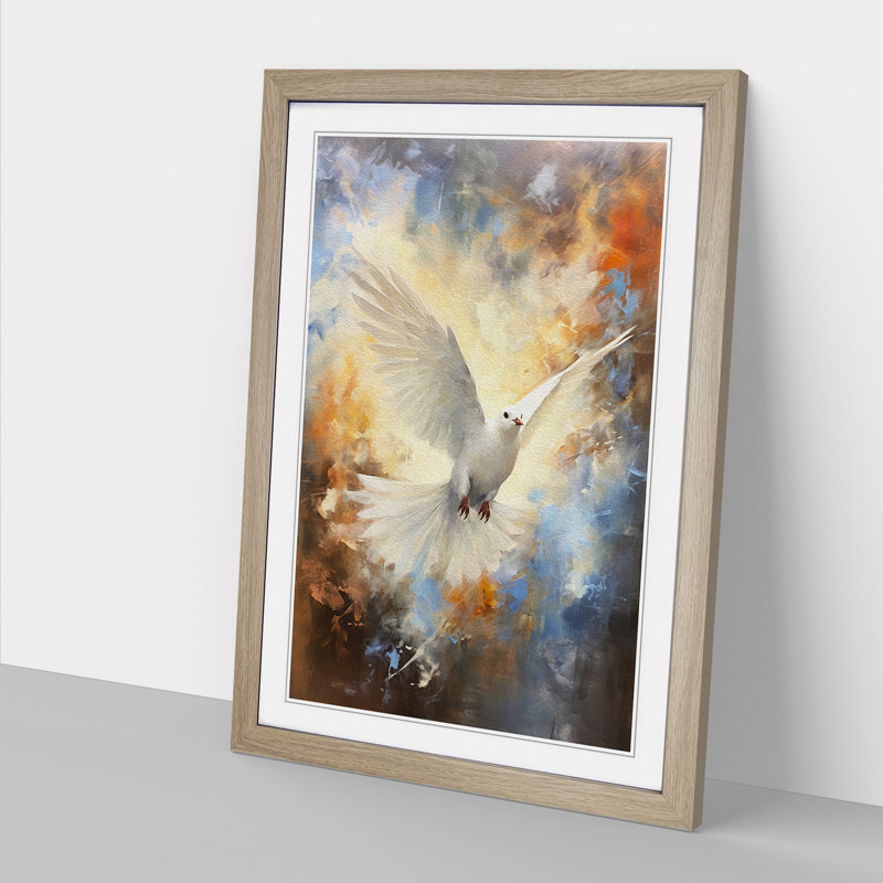 Dove Bird Gestural - Single Picture Frame Print on Wood, Oak Framed, 34cm H x 25cm W