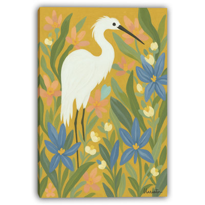 Floral White Heron Canvas Wall Art