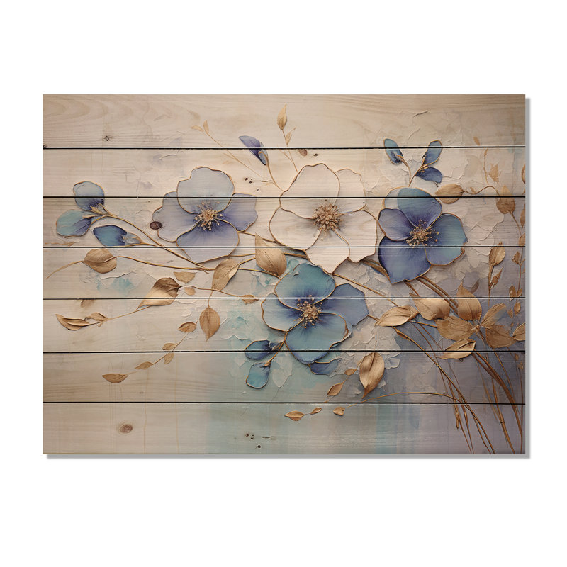 «Blue and Gold Exquisit Violets - Violets», art mural sur bois de pin naturel, H 10 po x l 20 po