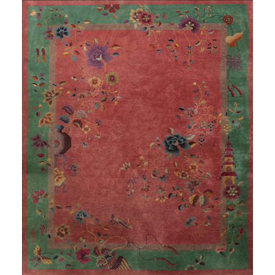 Coral / Salmon Pink Rectangle Hand Knotted Pile 1920s Wool Antique Rug