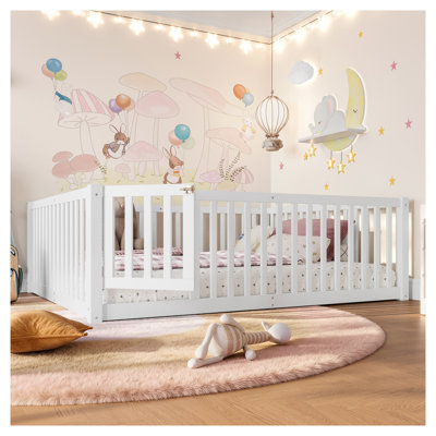 Lit double pleine grandeur pour enfants avec garde-corps de sécurité et porte, structure de lit pour tout-petit à profil bas pour enfant Montessori