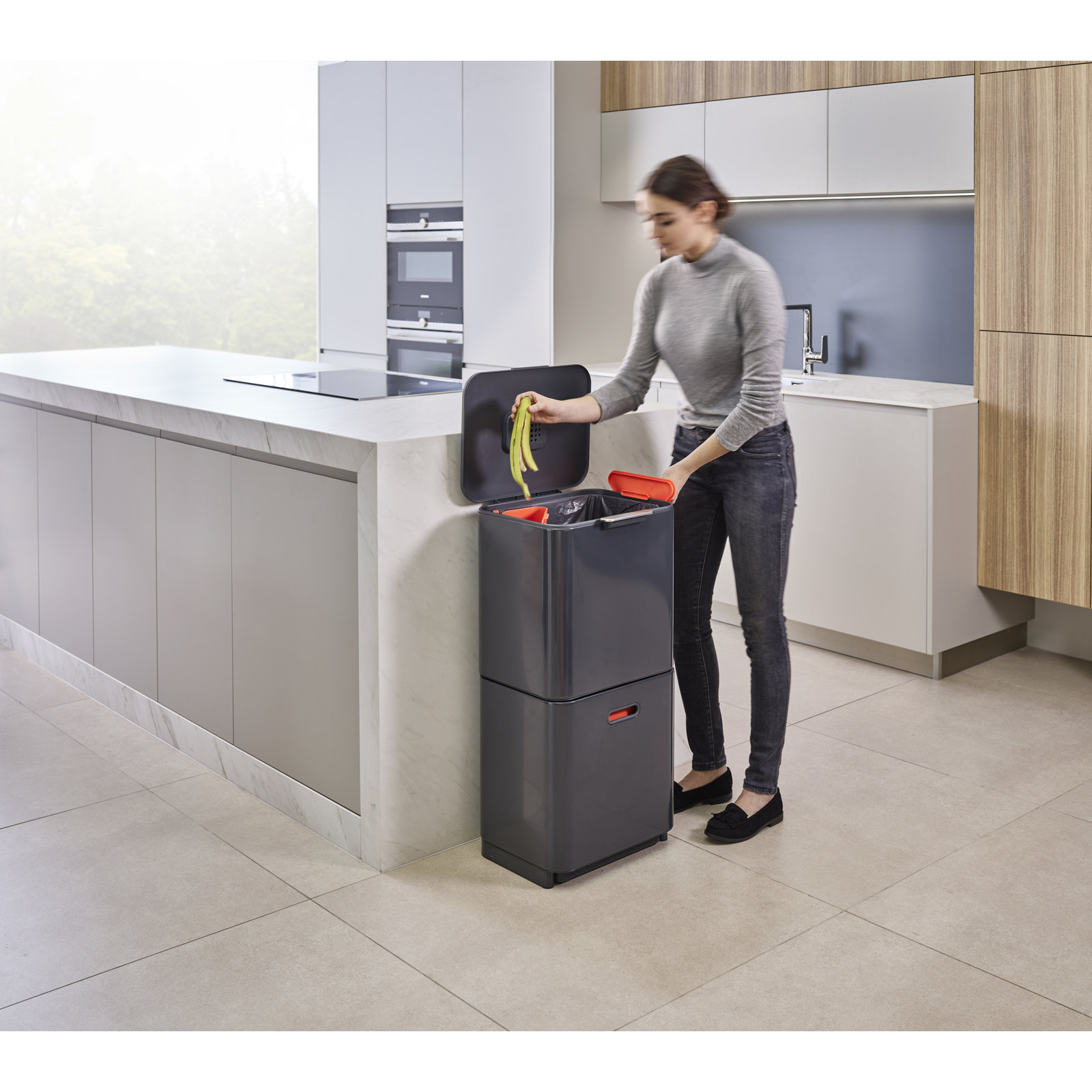 Joseph Joseph Totem Dual Recycling Trash Can, Graphite, 15.85 US Gallons