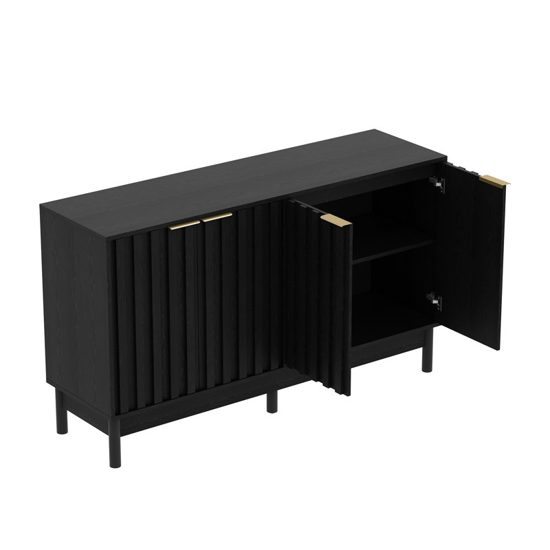 55 Inch Black Sideboard Buffet With 4 Doors, Credenza Storage Cabinet, Brass Handle and and Solid wood legs, Fluted Coffee Bar with Adjustable Shelf, Kitchen Sideboard for Living Room, Bedroom