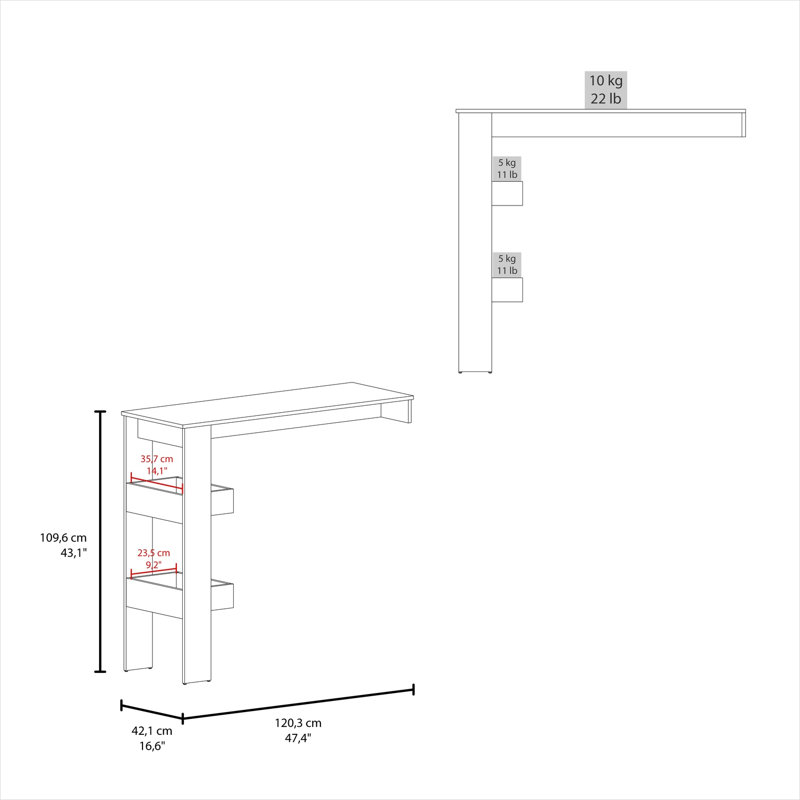 Table de bar moderne avec tablette de rangement intégrée, bois manufacturé de couleur blanche, conception rectangulaire compacte pour la cuisine ou la salle à manger, 2 sièges