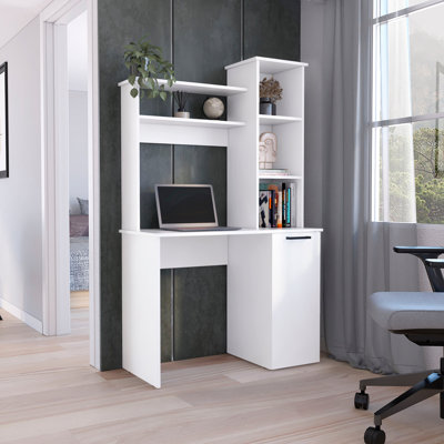 Bureau d'ordinateur avec grande surface de travail, rangement pour huche et armoire à une porte avec tablettes à 3 niveaux