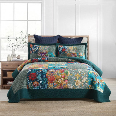 Cotton Bedspread Quilt Sets Reversible Bedding Coverlet Sets Comforter, Vintage Floral Patchwork Turquoise Bedspread, Queen Size