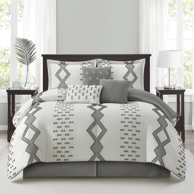 Pantissa Geometric 7 Piece Comforter Set, California King Comforter + 6 Additional Pieces, White/Gray