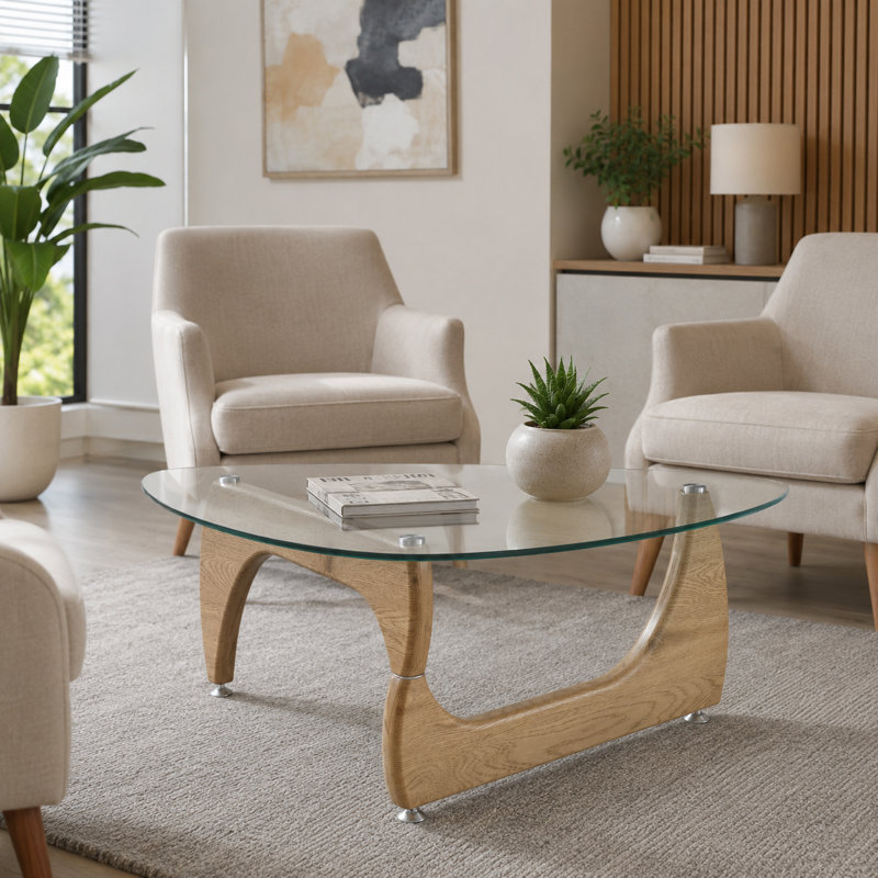 Table basse en placage sculpté avec plateau en verre trempé, Naturel