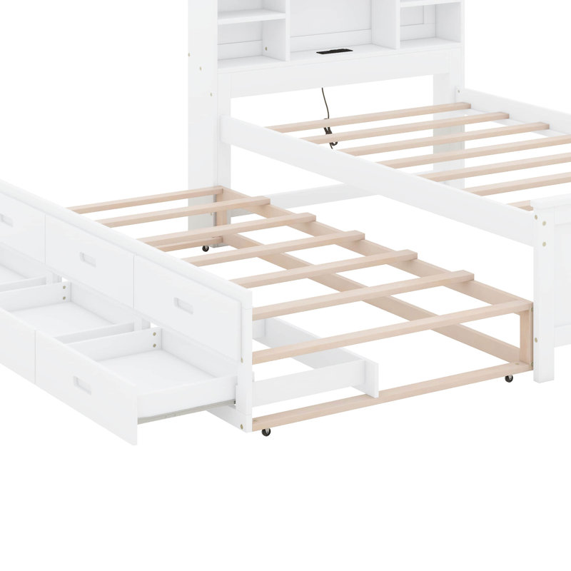 Nyliah Platform Bed with Storage Headboard, USB, Trundle and 3 Drawers, Twin, White