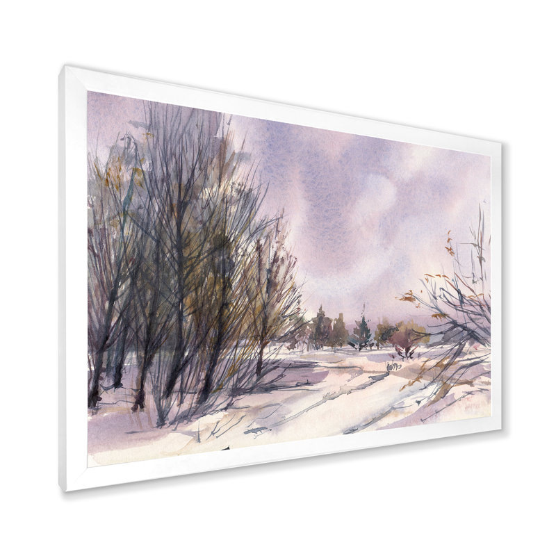 Paysage d'hiver avec des tons de neige mauves - peinture sur toile, H 30 po x l 40 po x 1,5 po, Toile blanche encadrée