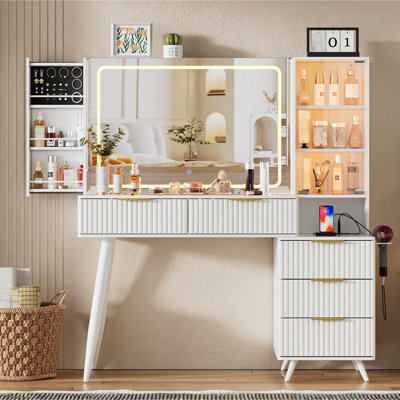 Makeup Vanity Table With Fluted Panel Design, Mirror And Lights, Drawers, Glass Top, Open Storage - Bedroom Dressing For Women  White Brightness Adjus