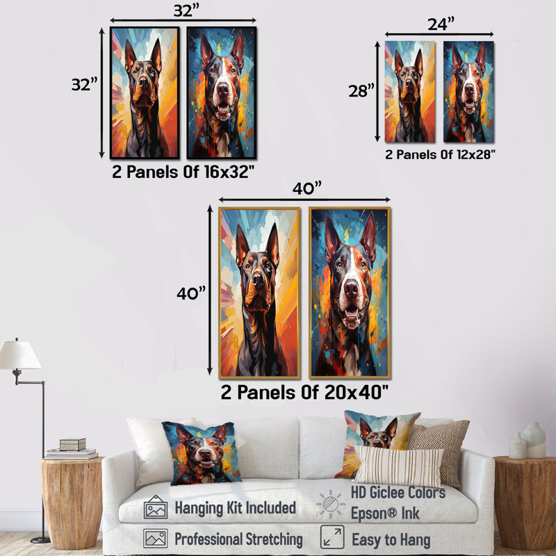 Bull Terrier Boldness - ensemble de 2 reproductions d'art sur toile, Cadre noir, H 40 po x l 41 po