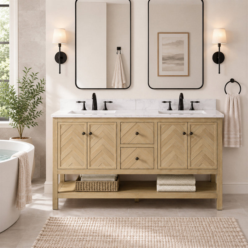 Ensemble de meuble-lavabo double 60 po Chazden, Cèdre naturel, Cuivre antique