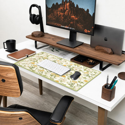  Tapis de souris en caoutchouc, surface en microfibre lisse, base antidérapante, tapis de souris décoratif à bord arrondi pour le bureau et les jeux, 16 po x 36 po, imprimé botanique vert-blanc