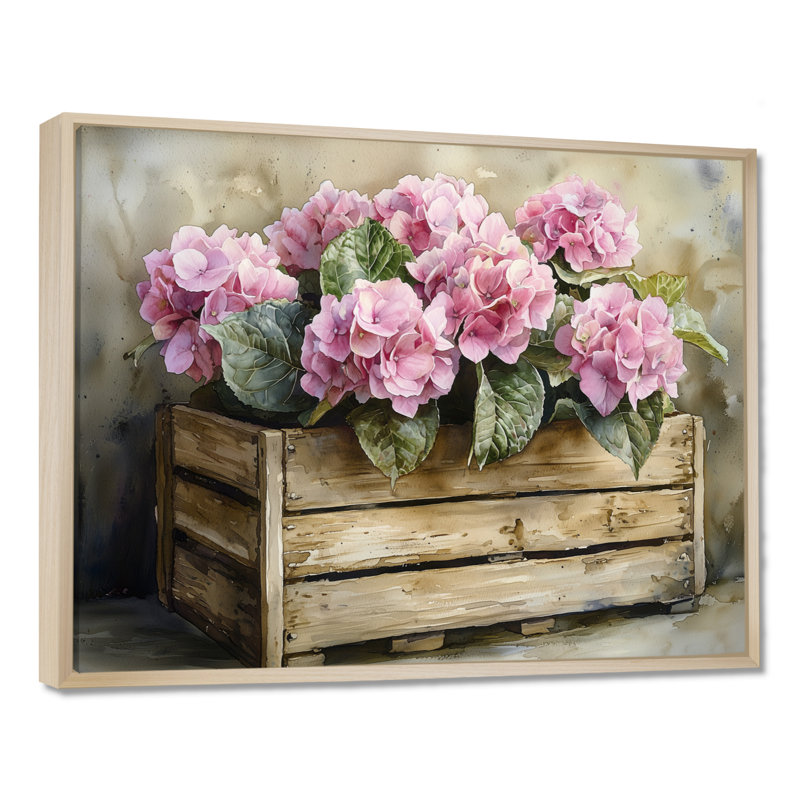 Drangty ferme hortensias dans une caisse en bois II - hortensia art mural, H 30 po x l 40 po, Impression encadrée flottante