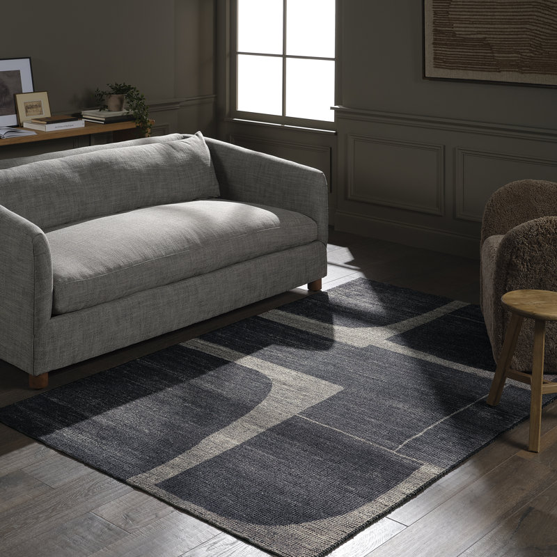 Tapis noir abstrait tissé à la main avec des matériaux durables, Rectangle 6 pi x 9 pi
