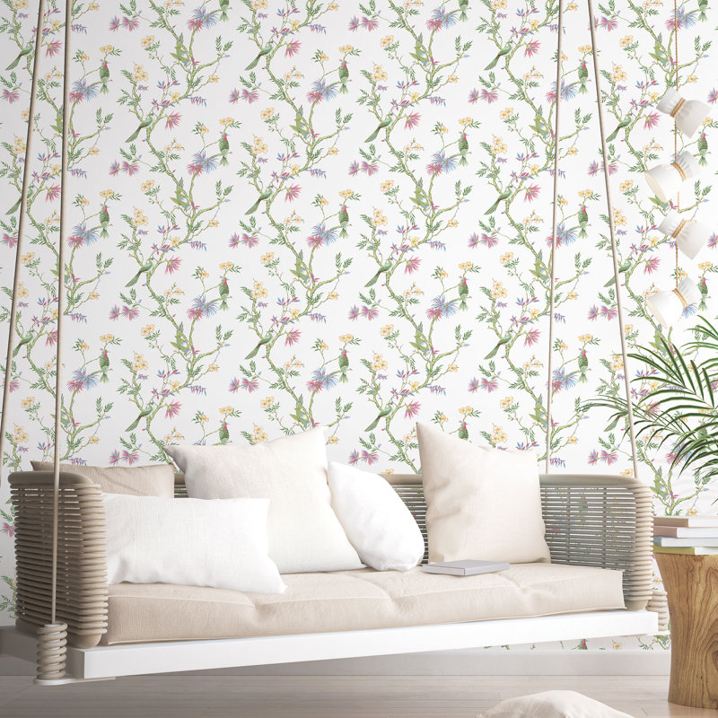 Secret Garden Garden Bird Trail Design 33' L x 21"  W Wallpaper Roll, White/Bright