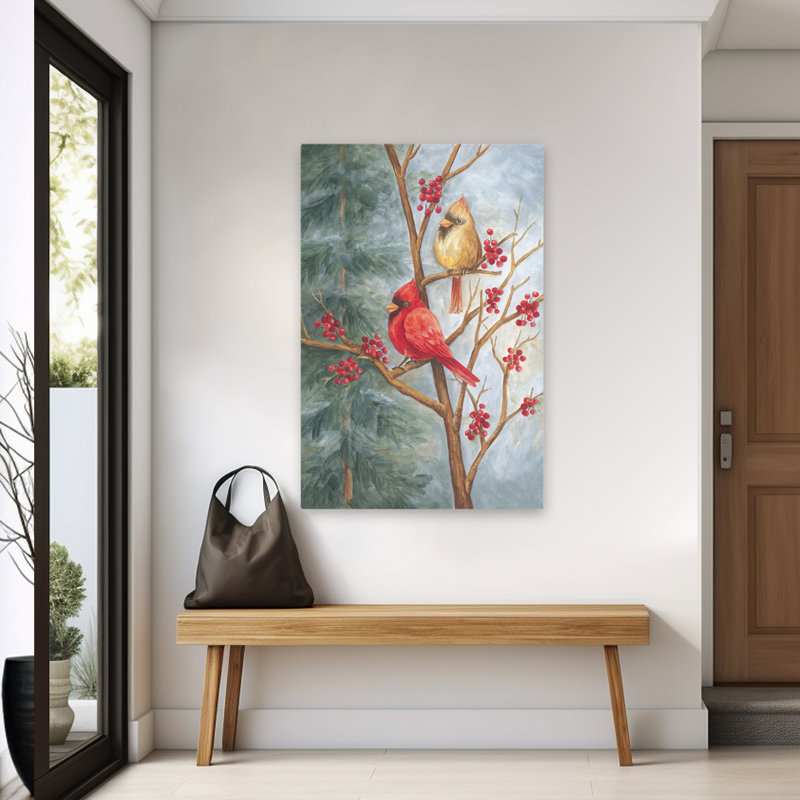 Cardinals in Berry Tree - Art contemporain avec cardinal, H 60 po x l 40 po