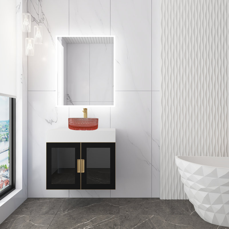 Modern Luxury Wall-mounted Vanity With 36" Solid Surface Top And Round Glass Vessel Sink, Pink