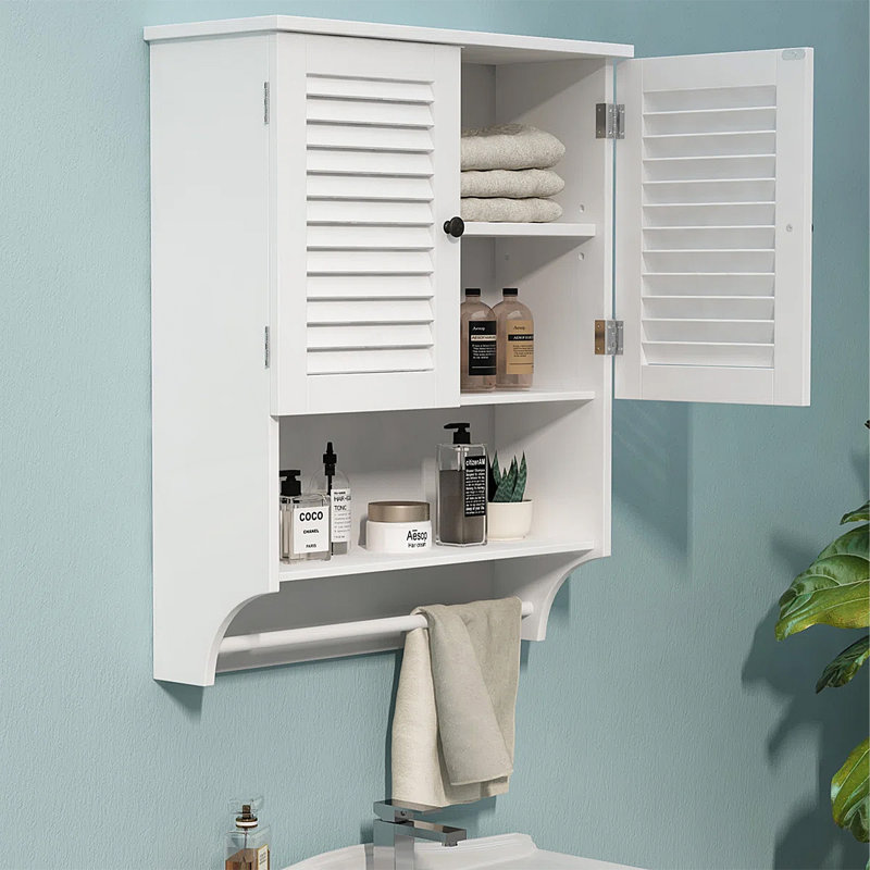 Armoire de salle de bain murale avec portes à persiennes, tablette ouverte, tablettes réglables et barre à serviettes, Blanc